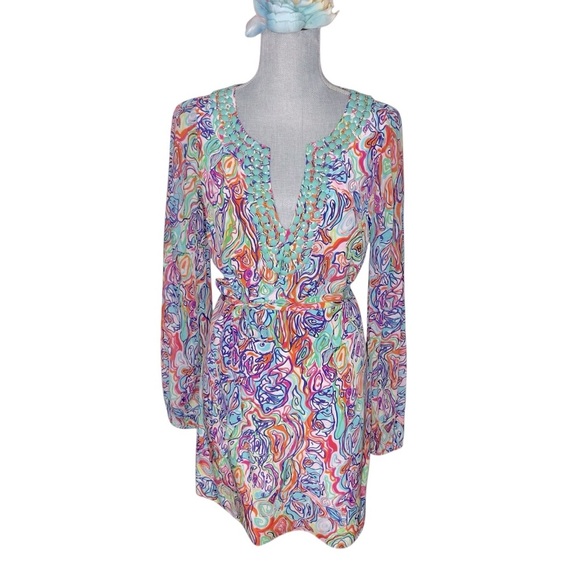 Lilly Pulitzer Saemus What A Catch Beaded Belted Silk CDC Tunic Shift Dress Sz 4 - Picture 2 of 14